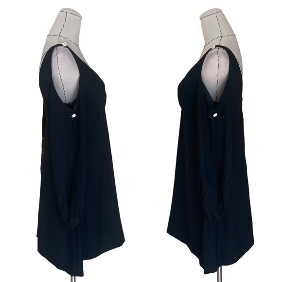 Vintage 60s Black Crepe Dress Cold Shoulder Bishop Sleeve Rhinestone Buttons - Picture 10 of 16